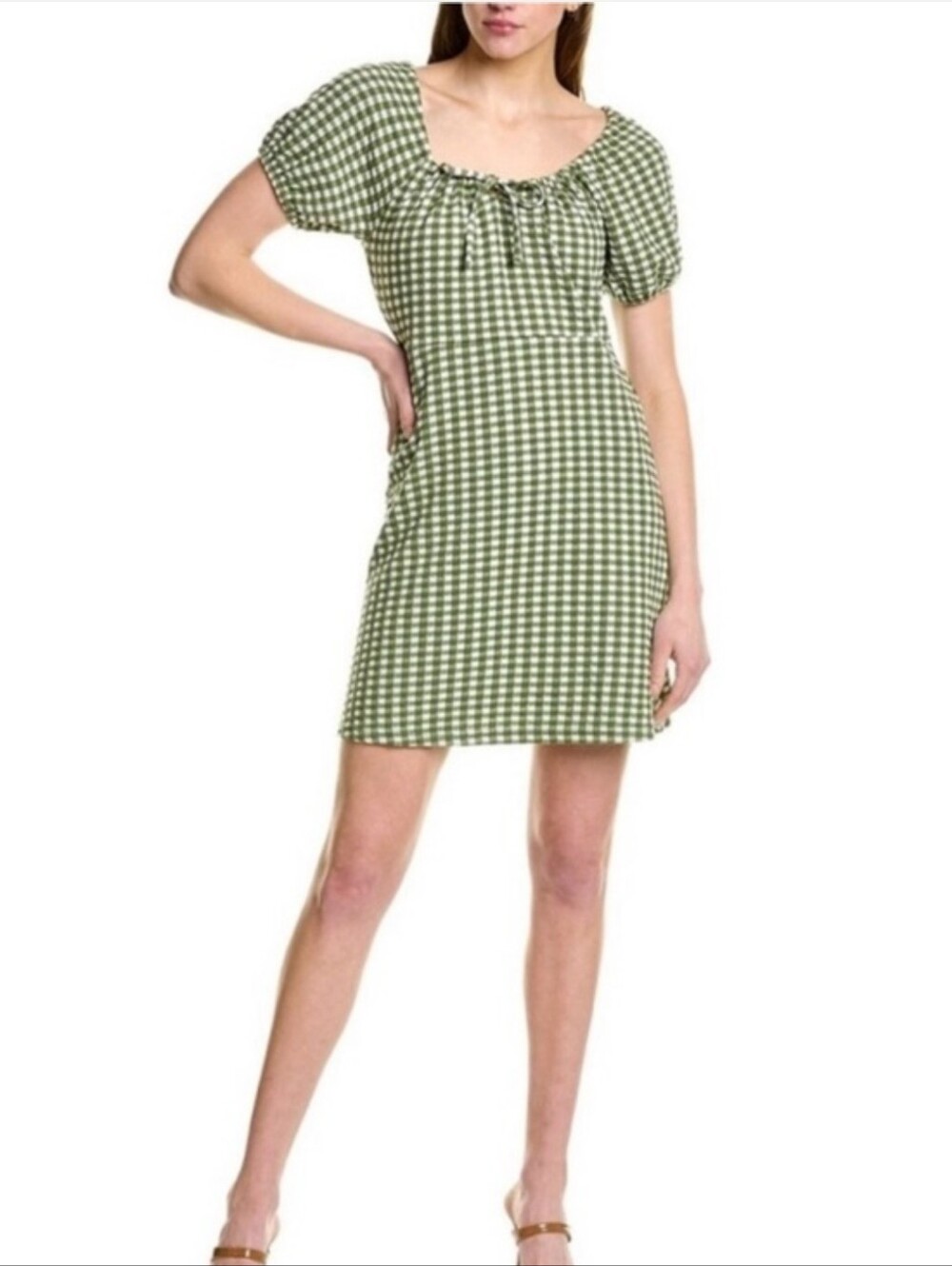Madewell NWT Green Gingham Mini Dress Puff Sleeve Sz L